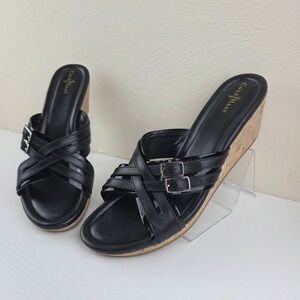 Cole Haan Black Leather and Patent Slip-On Wedge Sandalsl Women's Size 10 B